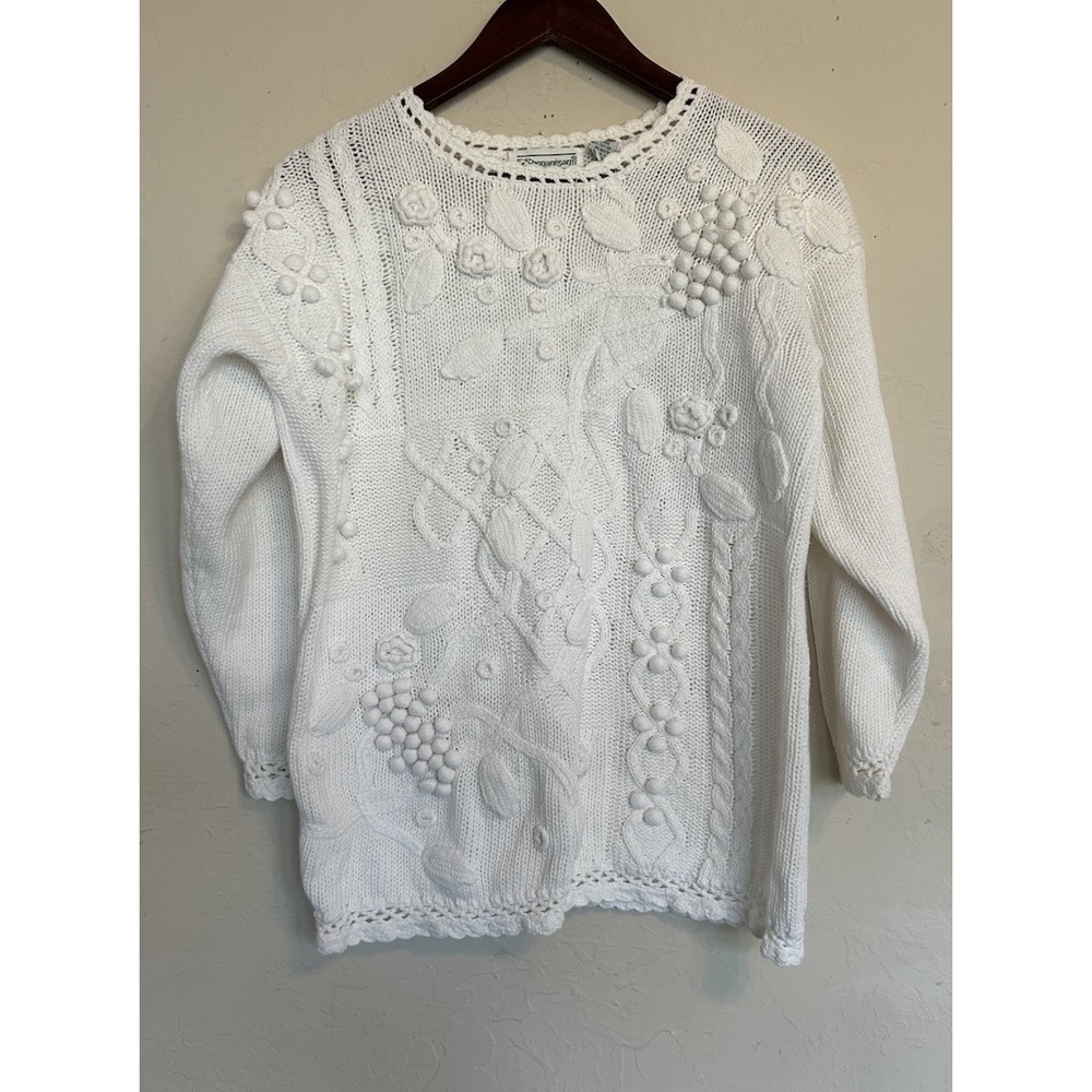 Vintage 90s 3D Knit All White Pullover Sweater‎ M Cottagecore Grandma Floral